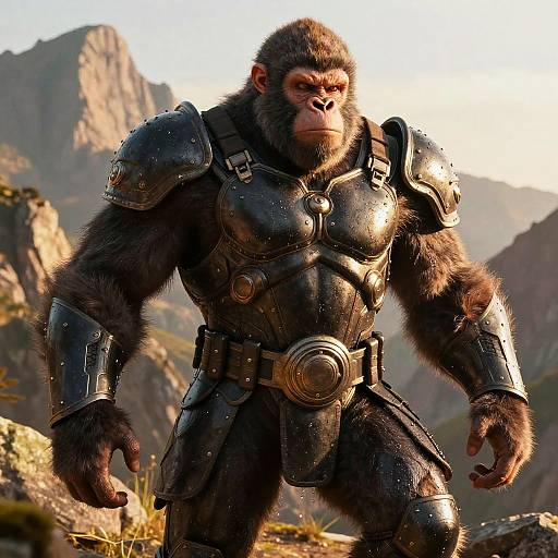 Photorealistic CGI of a muscular, armored gorilla with serious expression, standing in a mountainous, sunlit landscape, wearing dark, metallic armor