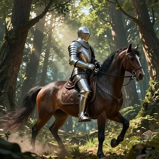Digital artwork of a knight in shiny silver armor riding a dark brown horse through a sunlit, dense forest.