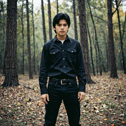 Young man standing in forest wearing black outfit