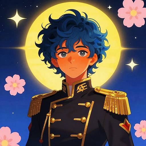 Anime-style Portrait of Young Soldier with Cosmic Background