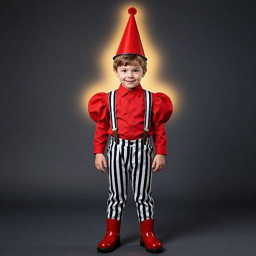 Photograph of a smiling young boy in a red cone hat, red shirt, black-and-white striped pants, and red shoes, standing against a dark