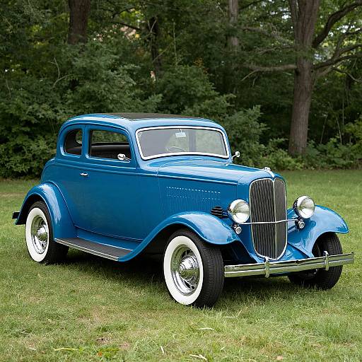 Photograph of a vintage, blue classic car with white-walled tires, chrome grille, and headlights, parked on a grassy lawn with trees in