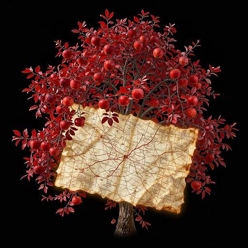 Photograph of a vibrant red apple tree with ripe red apples, dark red leaves, and a glowing, aged parchment banner against a black background.
