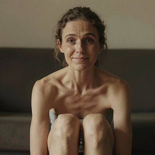 Photograph of a middle-aged, topless woman with wavy brown hair, sitting on a dark couch, knees drawn up, smiling gently.