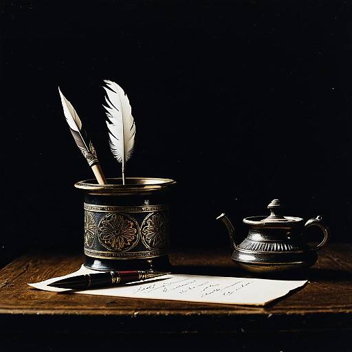 Antique Quill and Ink Pot Still Life