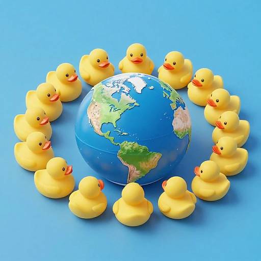 Photograph of a blue globe with continents surrounded by a circle of yellow rubber ducks on a bright blue background.
