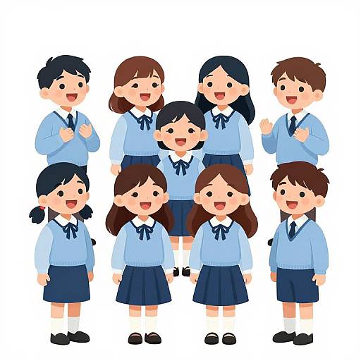 Cartoon illustration of nine happy, diverse Japanese schoolchildren in light blue sweaters, dark blue skirts, and ties, standing against a white background.