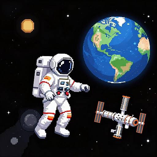 Pixel art of an astronaut in a white spacesuit with orange stripes floating near Earth and a satellite against a starry space background. Sun visible in top