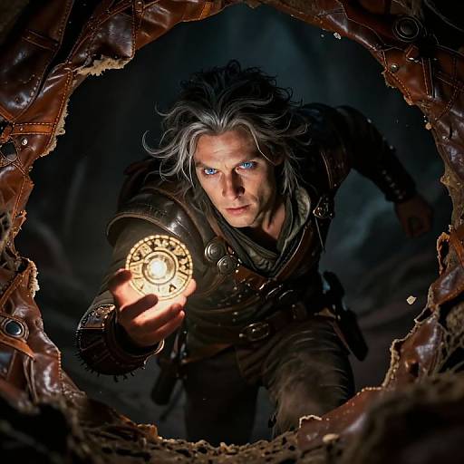Photorealistic CGI of a fierce, white-haired man with blue eyes, dressed in dark leather, peering through a cracked, worn leather frame,