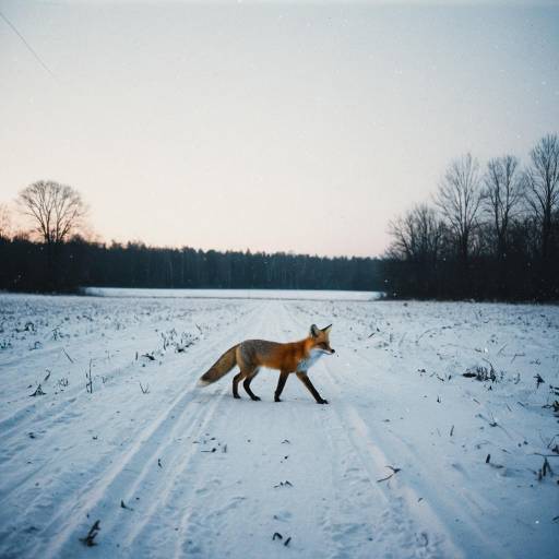 Fox Crossing Snowy Field at Dusk