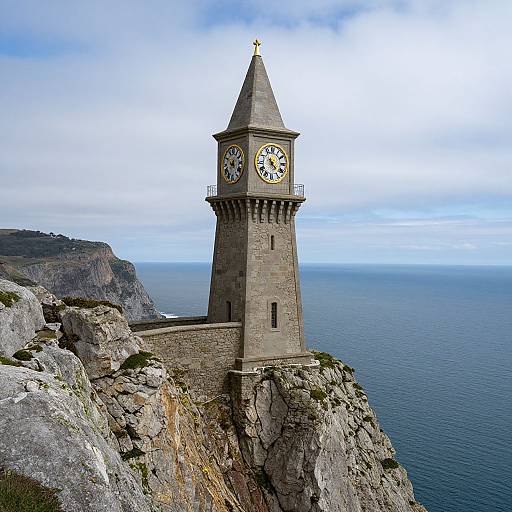 Photograph of a tall, stone coastal clock tower with a pointed roof, perched on rugged cliffs, overlooking a blue ocean under a cloudy sky.