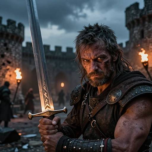 Photograph of a grimy, muscular man with messy hair and beard, holding a glowing sword in a dimly lit, medieval castle courtyard at dusk