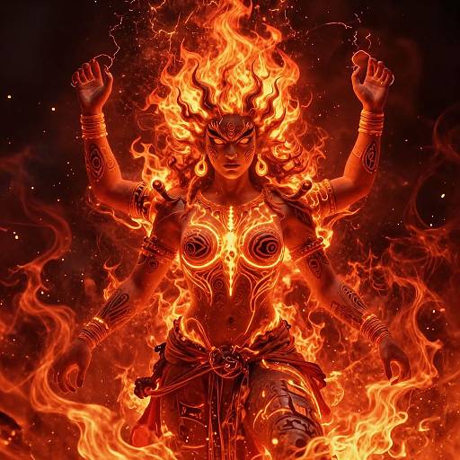 Digital artwork of a fiery, topless, dark-skinned female deity with glowing red-orange flames, raised arms, intricate tribal jewelry, and ornate