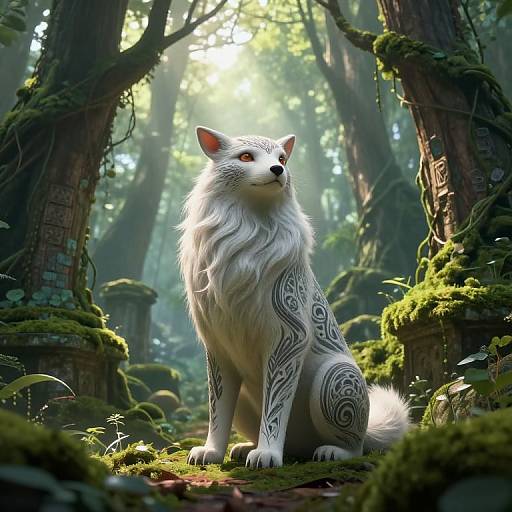 Digital artwork of a white, mystical wolf with intricate black tattoos, sitting in a sunlit, enchanted forest with moss-covered trees.
