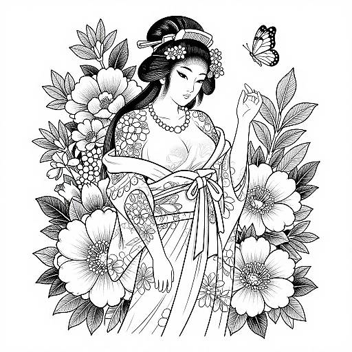 Black-and-white line drawing of a traditional Japanese woman with long hair, floral kimono, surrounded by large flowers and a butterfly.