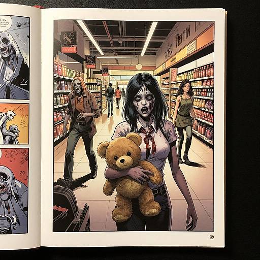 Comic-style illustration: A frightened woman with black hair, white shirt, and red tie, clutching a teddy bear, walks through a brightly-l