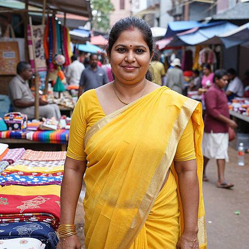 Photograph of a smiling Indian woman in a yellow saree standing in a busy, colorful outdoor market with vendors and shoppers.