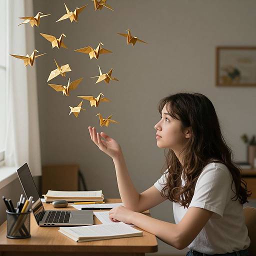 Photograph of a young woman with long brown hair in a white t-shirt, sitting at a desk, releasing golden paper kites into sunlight. Laptop