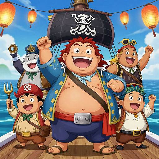 Cartoon pirate crew: chubby red-haired leader with blue jacket, four excited children in pirate clothes, ocean background, blue sky, lanterns, ship