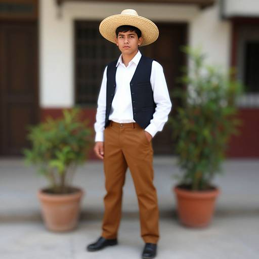 Photograph of a young man with tan skin, black hair, wearing a large straw hat, white shirt, black vest, and brown pants, standing