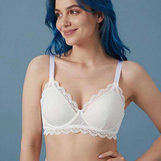 Woman with Blue Hair Wearing White Lace Bra