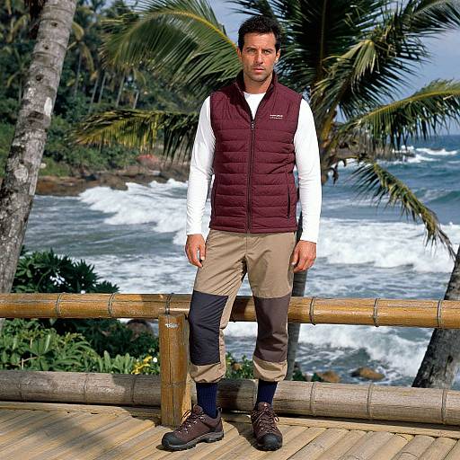 Photograph of a man with short dark hair, wearing a maroon vest, white shirt, beige and black pants, standing on a bamboo deck with