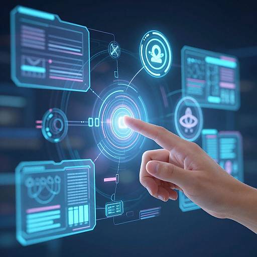 Photograph of a hand with index finger pointing at a glowing blue holographic interface, featuring icons and data screens, set against a dark blue background.