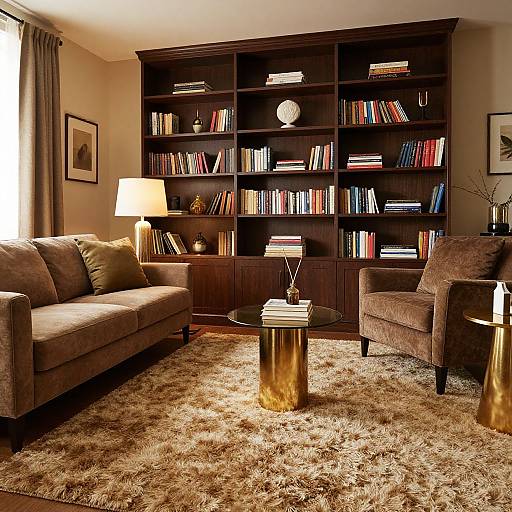 Photograph of a cozy living room with brown sofas, dark wooden bookshelf filled with books, golden coffee table, plush beige carpet, and warm lighting