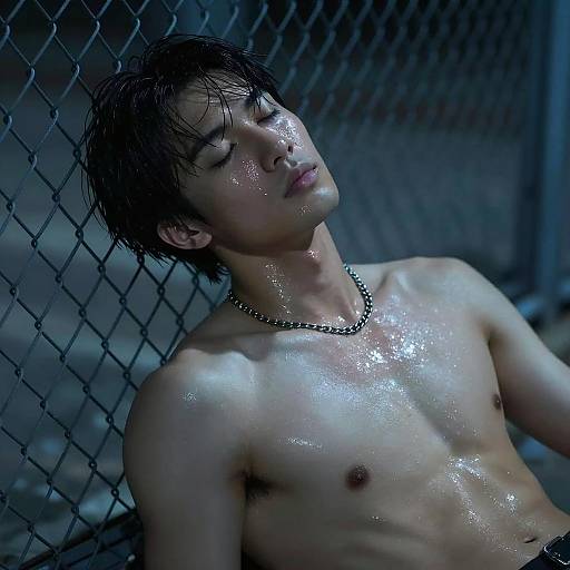 Sweaty Shirtless Man Resting Against Wire Fence