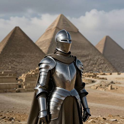 Photograph of a medieval knight in shiny silver armor standing before three pyramids under a cloudy sky, with ancient ruins scattered in the background.