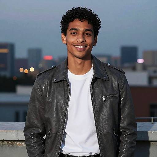 Photograph of a smiling young man with curly black hair, medium brown skin, wearing a black leather jacket over a white t-shirt, standing on a