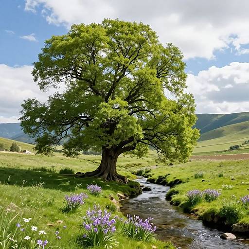Sunlit Meadow with Ancient Tree