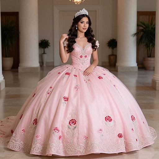 Photograph of a dark-haired woman in a pink, rose-embellished ball gown with a voluminous skirt and silver tiara, standing in
