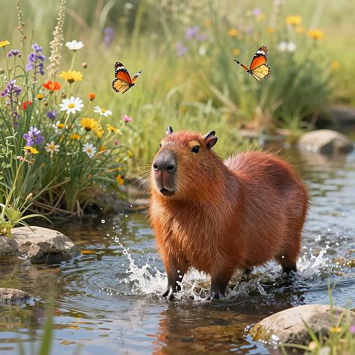 Photograph of a reddish-brown beaver standing in a shallow, rocky stream, surrounded by colorful wildflowers, with two orange butterflies fluttering