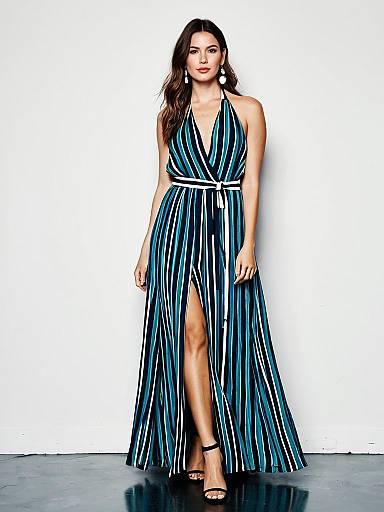Fashion-Forward Woman in Striped Maxi Dress