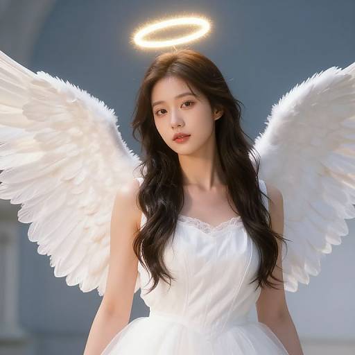 Photograph of an East Asian woman with long black hair, glowing white angel wings, and a halo, wearing a white satin dress, standing against a
