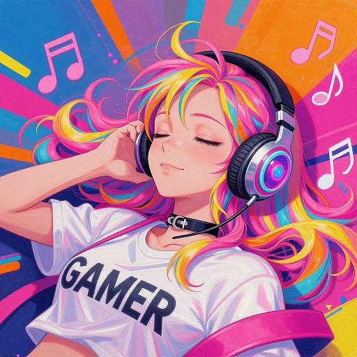 Neonpunk Anime Gamer Woman with Headphones