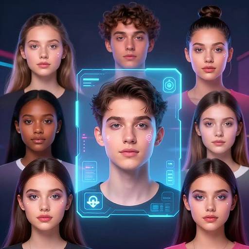 Digital artwork of six diverse teenagers with glowing facial features, centered around a neon blue holographic portrait of a young man.