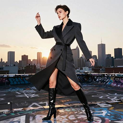 Fashion Model in Avant-Garde Coat on Graffiti Rooftop