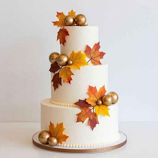Photograph of a white, three-tiered cake adorned with autumn leaves and gold balls in shades of orange, red, and brown.