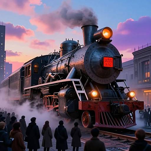 Photograph of a vintage black steam locomotive with bright red numbers, emitting smoke, at a sunset urban train station, surrounded by silhouetted