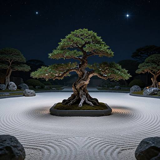 Photograph of a nighttime Japanese garden featuring a prominently illuminated, twisted bonsai tree with green foliage, centered on a white pebble raked surface,
