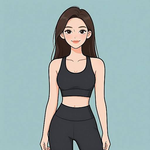 Digital anime-style drawing of a smiling young woman with long black hair, wearing a black sports bra and high-waisted black pants, against a light