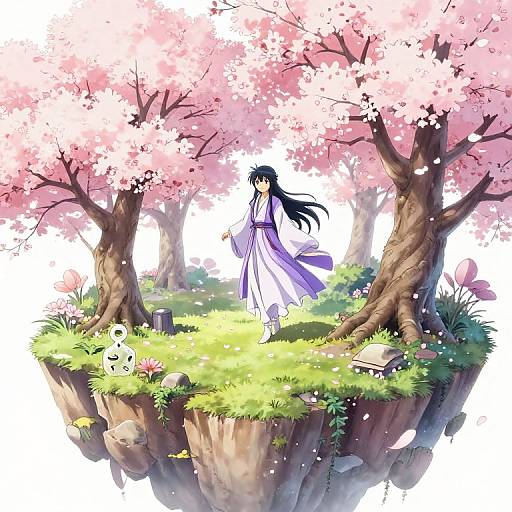 Digital anime-style illustration: Long-haired girl in white kimono stands on floating grassy island with cherry blossoms, skull, and book.