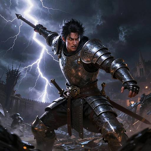 Epic fantasy digital artwork of a fierce, armored warrior with black hair, wielding a sword, amidst a lightning-filled stormy night, with a ruined
