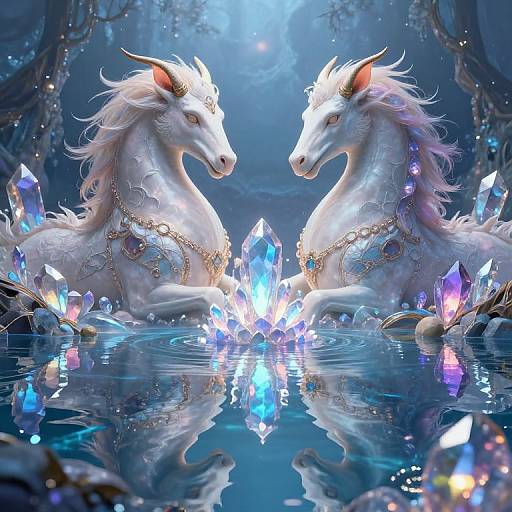 Digital art of two ethereal white unicorns with glowing crystal necklaces, surrounded by vibrant blue and purple crystals in a reflective, mystical water pool under