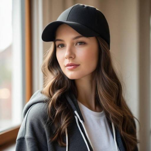 Young woman in black baseball cap indoors