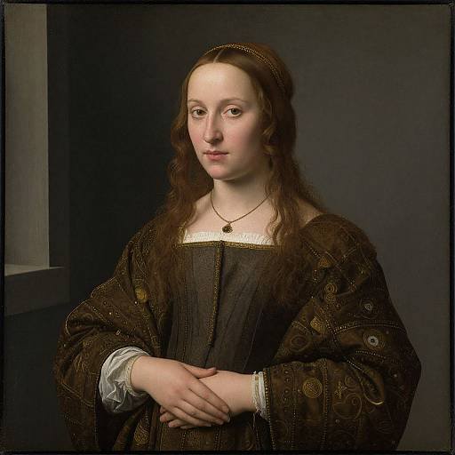 Renaissance portrait of a pale-skinned woman with long brown hair, wearing a dark, patterned gown and gold necklace, hands clasped.
