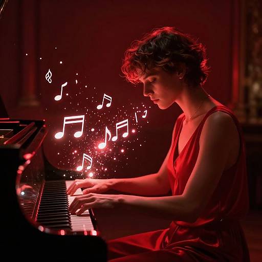 Photograph of a young woman with curly brown hair, wearing a red dress, playing a piano under red lighting, surrounded by glowing musical notes.