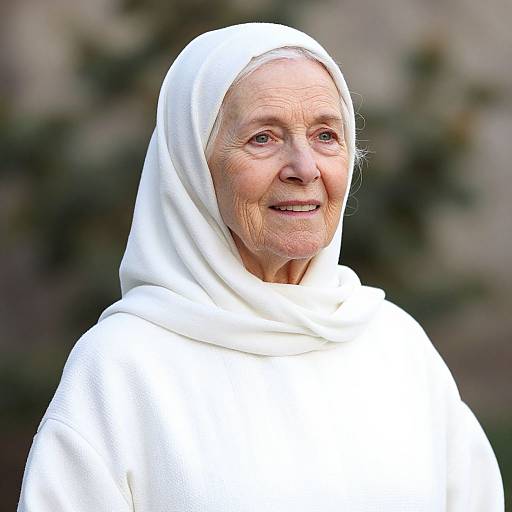 Photograph of an elderly woman with fair skin, wearing a white headscarf and robe, smiling softly, with a blurred green and brown outdoor background